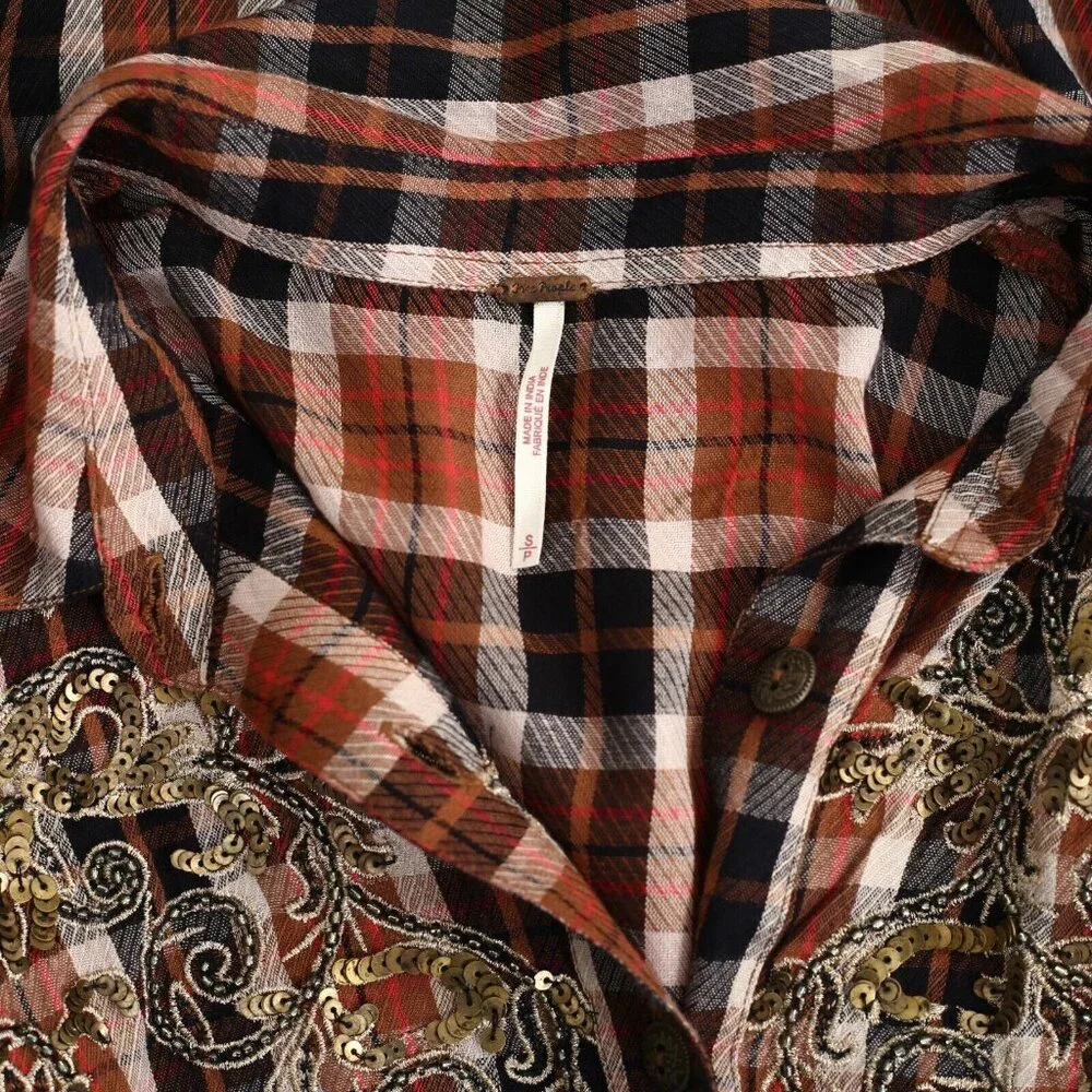 Free People Snow Mountain Plaid Buttondown Shirt Top Sequin Embellished S 274409 - Picture 7 of 7